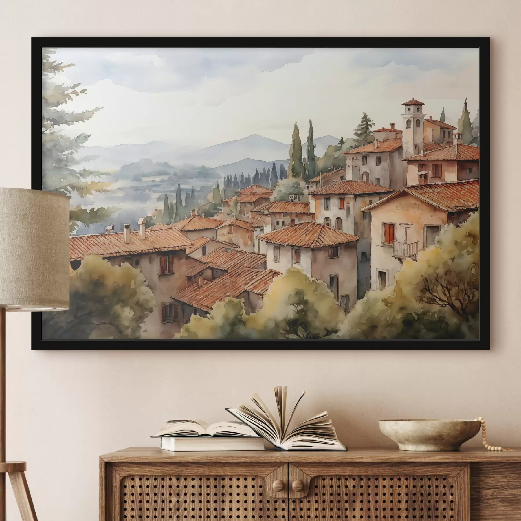 fototapet Case în satele italiene pe fundalul munților, acoperișuri, acuarelă f39934