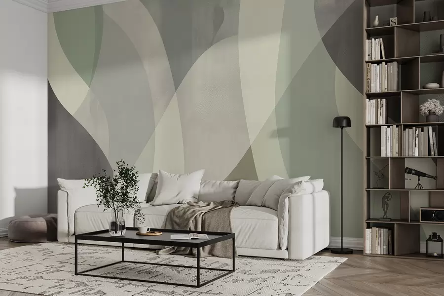fototapet Curbe moi în tonuri atenuate, cu linii fluide și gradiente verzi, minimalist și modern w01334