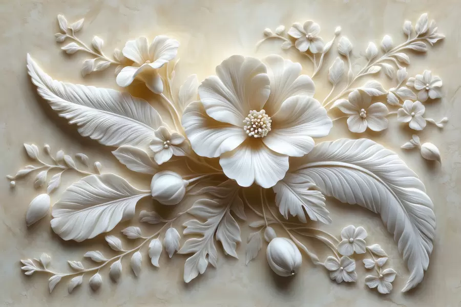 fototapet artă de perete în relief 3D cu pene și flori, cu un mac mare în culori bej w01340