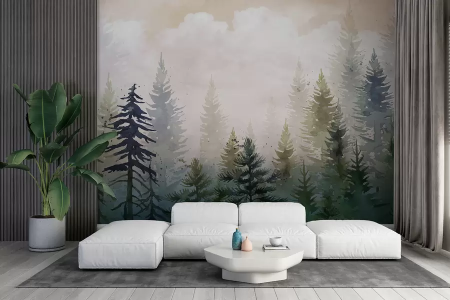 fototapet Pădure de pini înalți veșnic verzi într-un mediu cețos și umplut cu peisaj de nori moi, încețoșați w08160