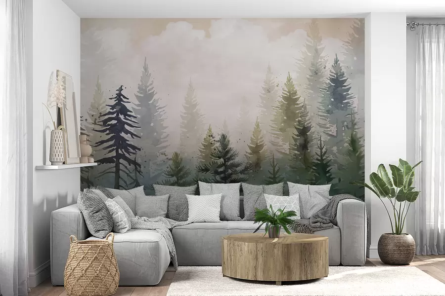 fototapet Pădure de pini înalți veșnic verzi într-un mediu cețos și umplut cu peisaj de nori moi, încețoșați w08160