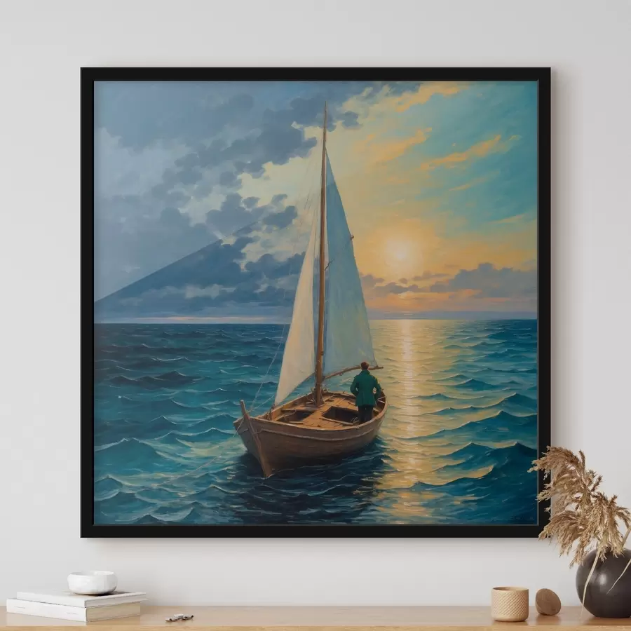 fototapet Un bărbat în derivă pe mare într-o barcă f40053