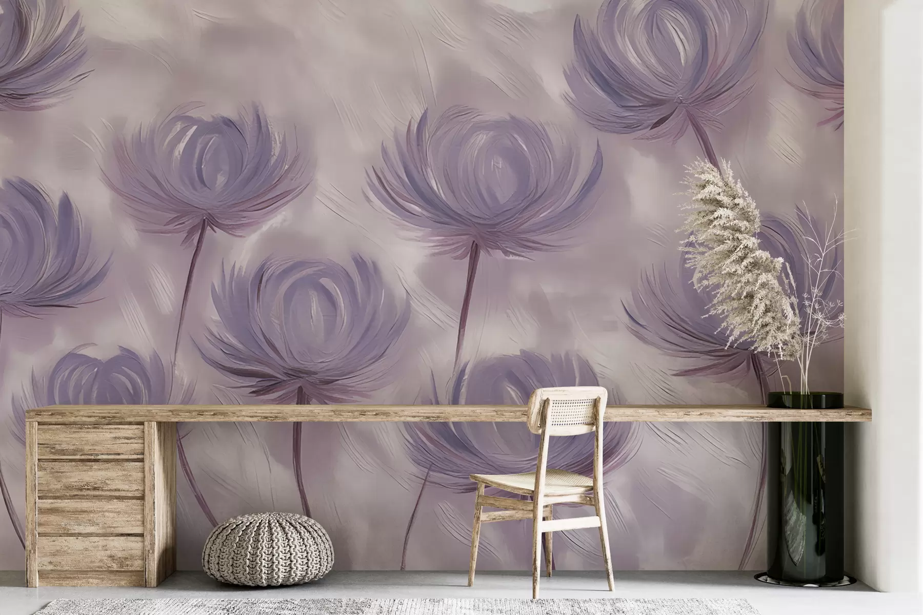 fototapet abstract pufos flori pictate în tonuri violet w01375