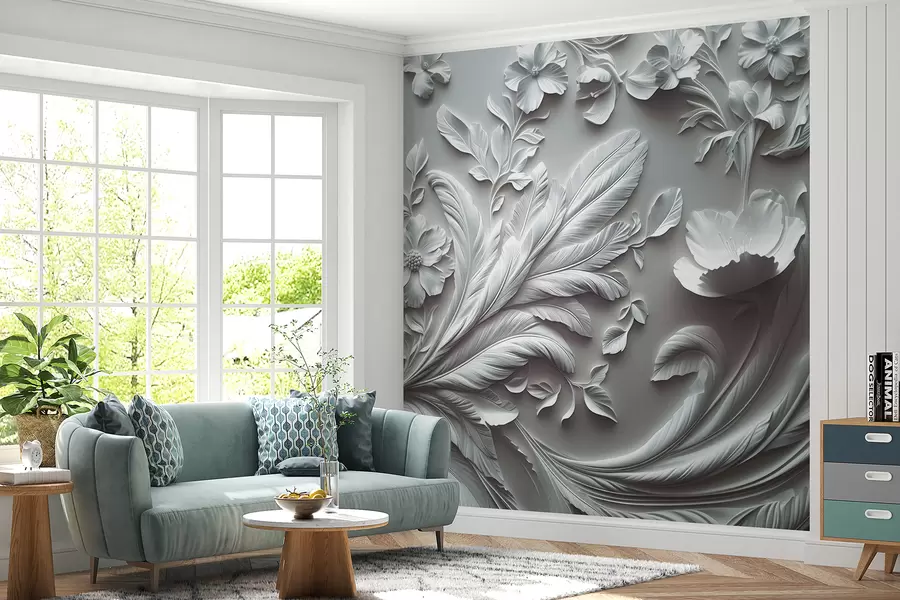fototapet Flori și frunze rafinate în tonuri de gri w01356v2