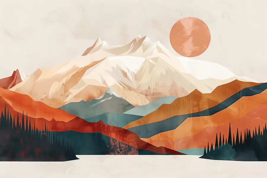 fototapet Boho Bliss: un peisaj senin de munți, copaci și soare w01358