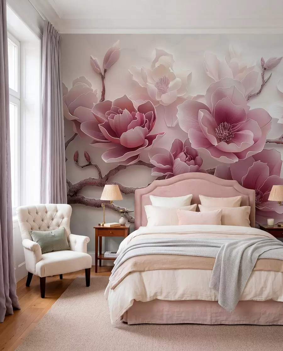 fototapet Flori de magnolie roz în relief pe o ramură grațioasă w01359v2