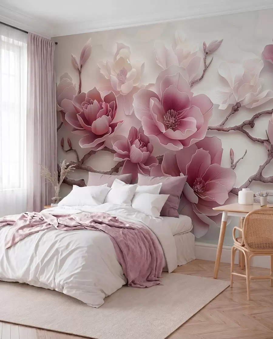 fototapet Flori de magnolie roz în relief pe o ramură grațioasă w01359v2