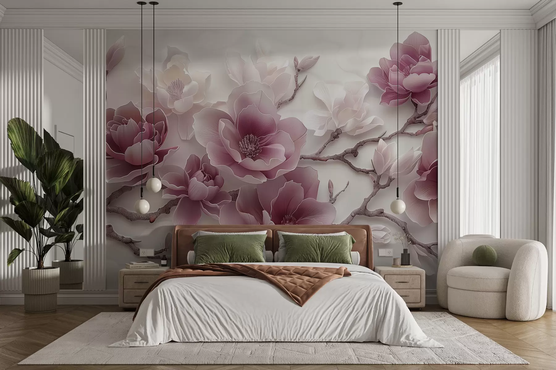 fototapet Flori de magnolie roz în relief pe o ramură grațioasă w01359v2