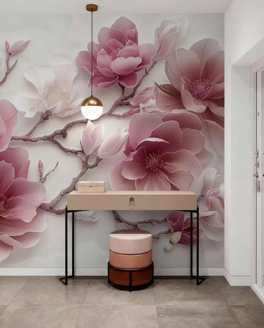 fototapet Flori de magnolie roz în relief pe o ramură grațioasă w01359v2