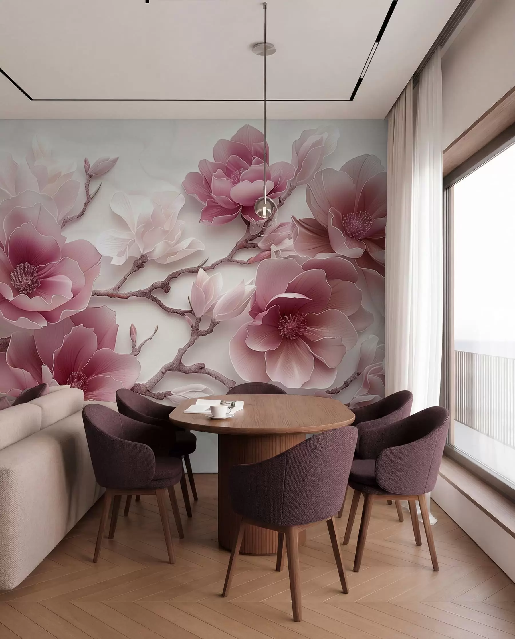 fototapet Flori de magnolie roz în relief pe o ramură grațioasă w01359v2
