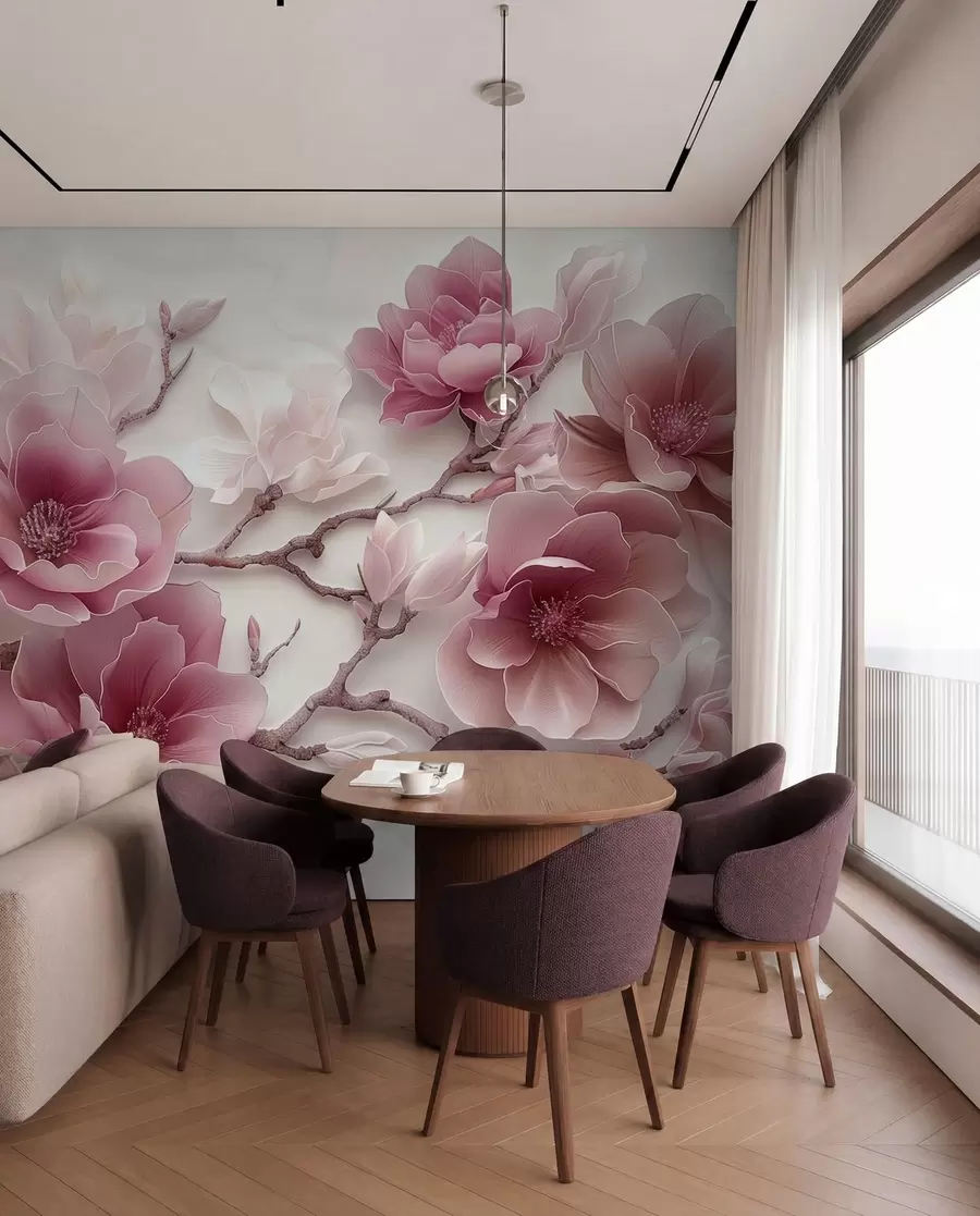 fototapet Flori de magnolie roz în relief pe o ramură grațioasă w01359v2