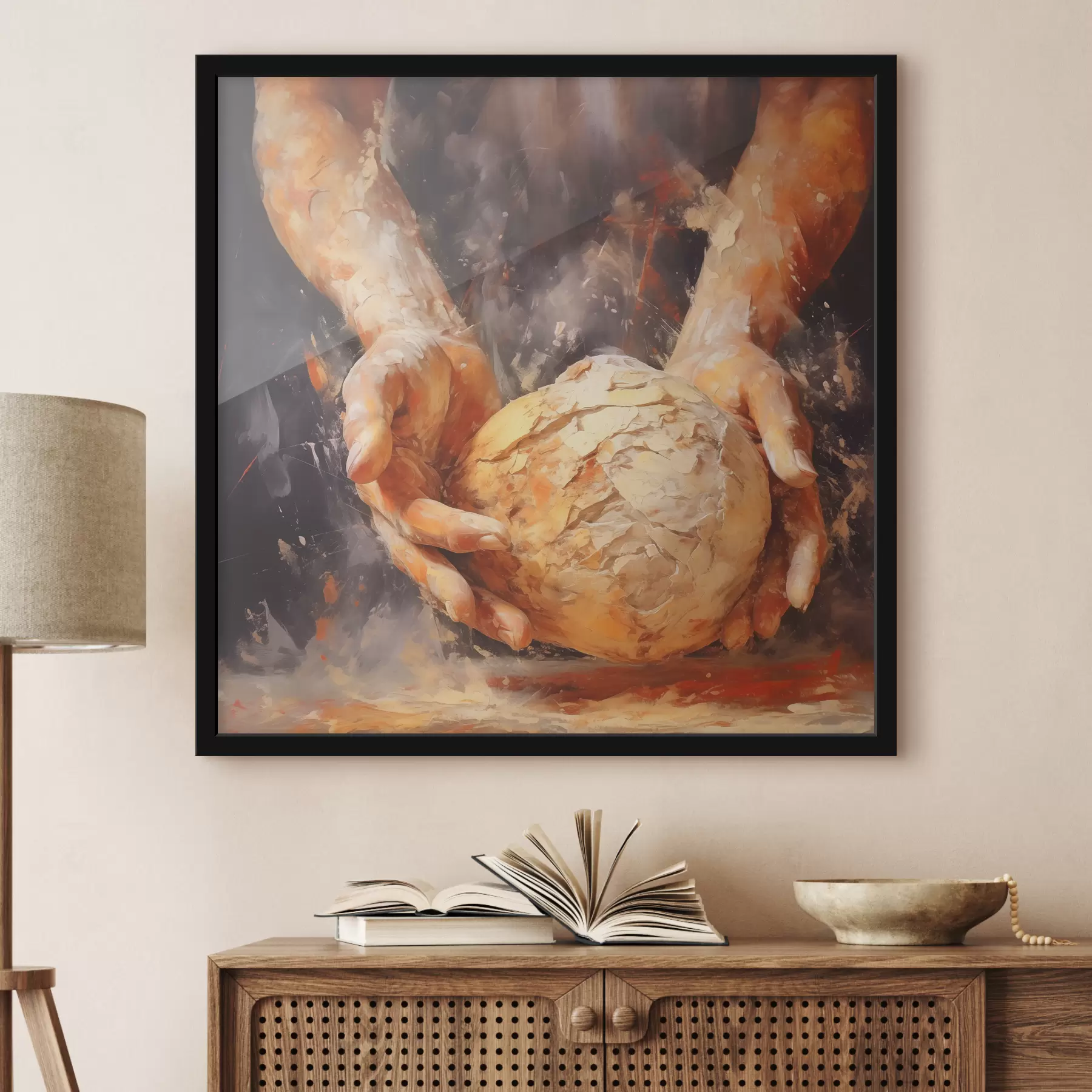 fototapet Mâini de brutar care țin aluatul, imitație de pictură în ulei f40095