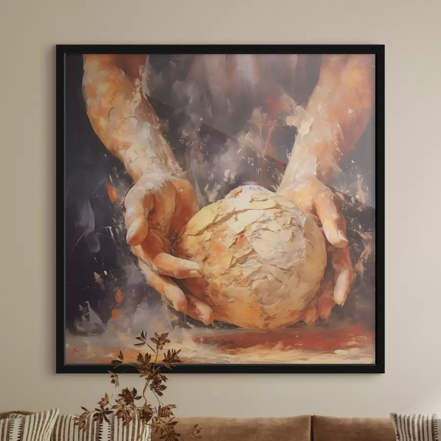 fototapet Mâini de brutar care țin aluatul, imitație de pictură în ulei f40095