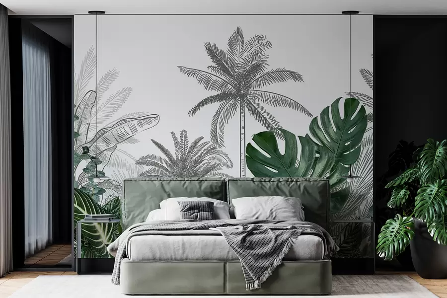 fototapet O imprimare de junglă tropicală cu palmieri și frunze verzi mari, desenată într-un stil de ilustrare botanică vintage w08184