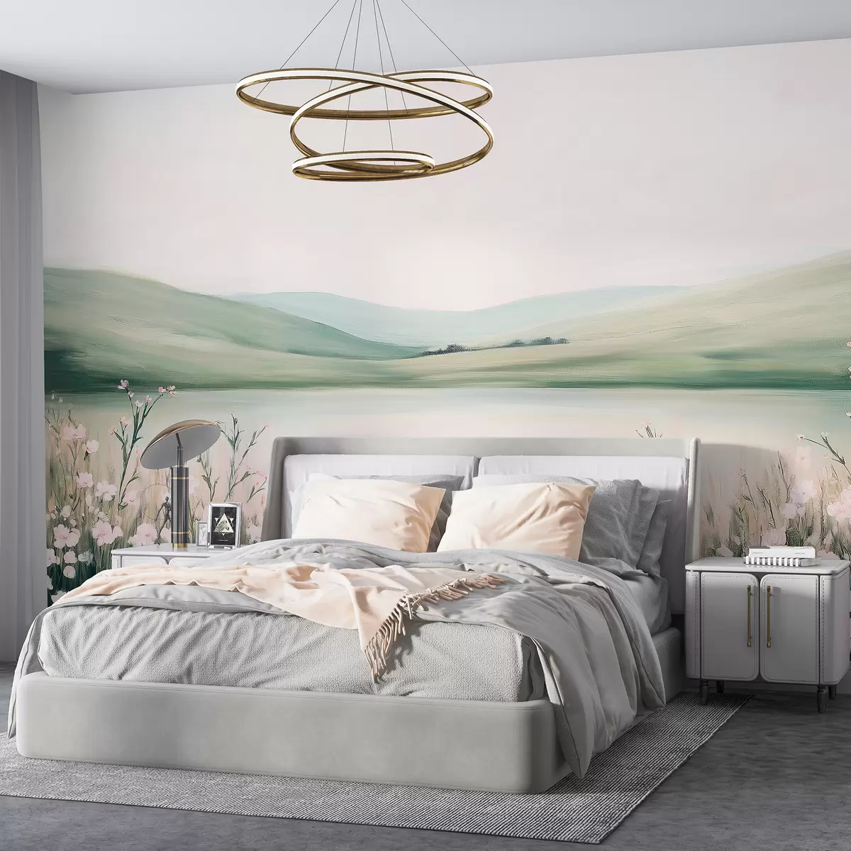 fototapet Pajiște de flori, peisaj natural, lac, flori roz, dealuri verzi w01387