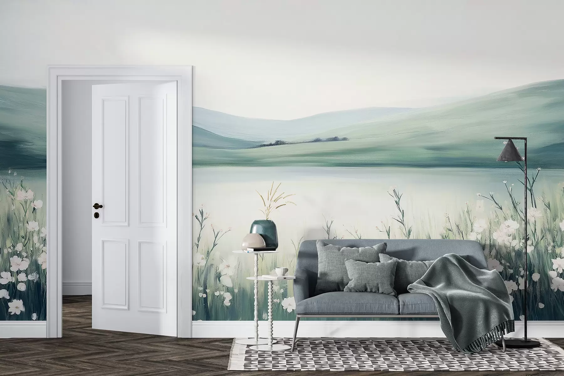 fototapet Pajiște de flori, peisaj natural, lac, paleta de culori verzi și albastre w01387v1