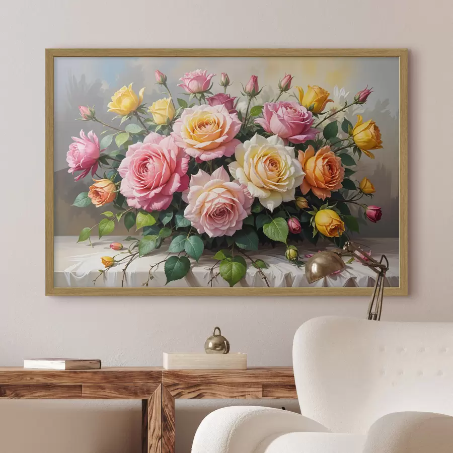 fototapet Un buchet de trandafiri colorați în diferite nuanțe de roz, galben și portocaliu, aranjați cu frunze verzi f40149