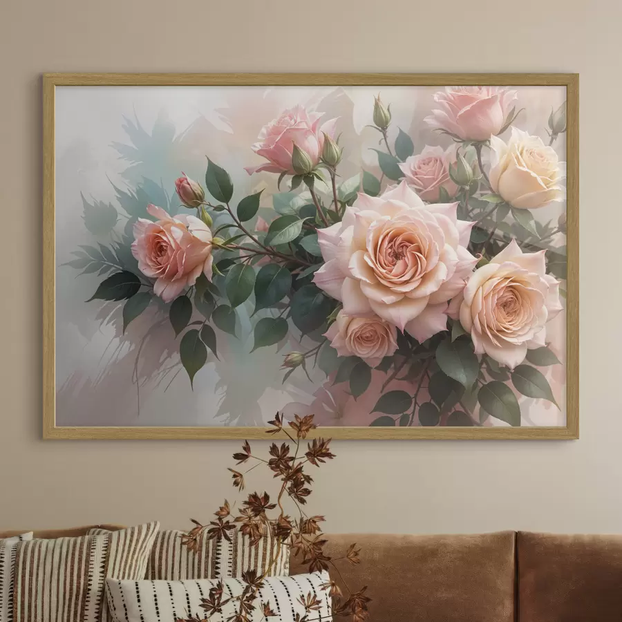 fototapet Un buchet de trandafiri roz frumoși cu frunze verzi pe un fundal blând, neclar f40168