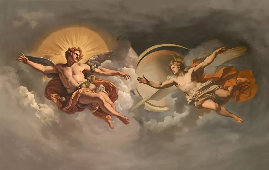 fototapet perete mural în stilul frescelor renascentiste în nuanțe bej și întunecate. Două figuri masculine de zei se întind unul spre celălalt w08137