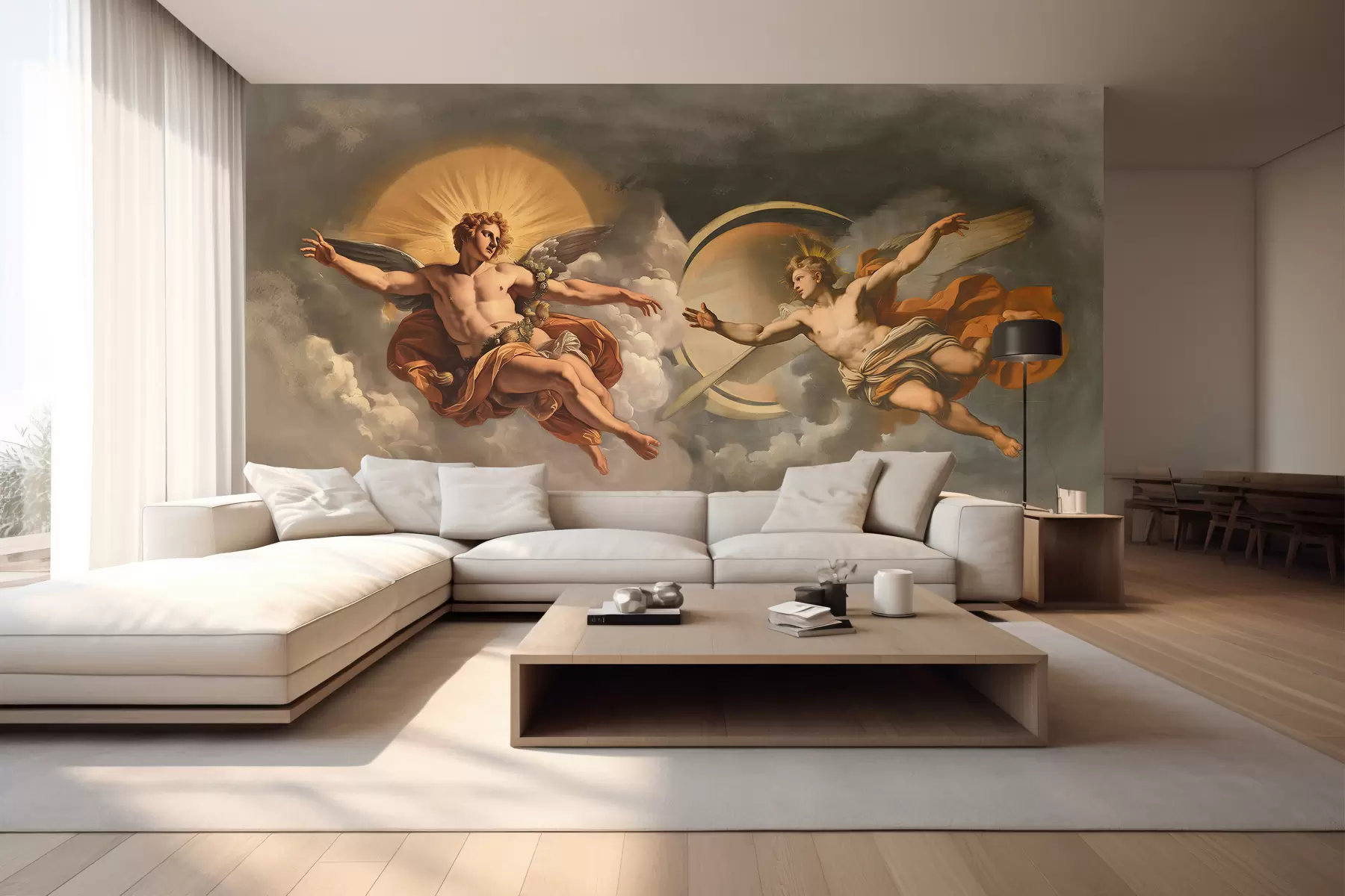 fototapet perete mural în stilul frescelor renascentiste în nuanțe bej și întunecate. Două figuri masculine de zei se întind unul spre celălalt. w08137