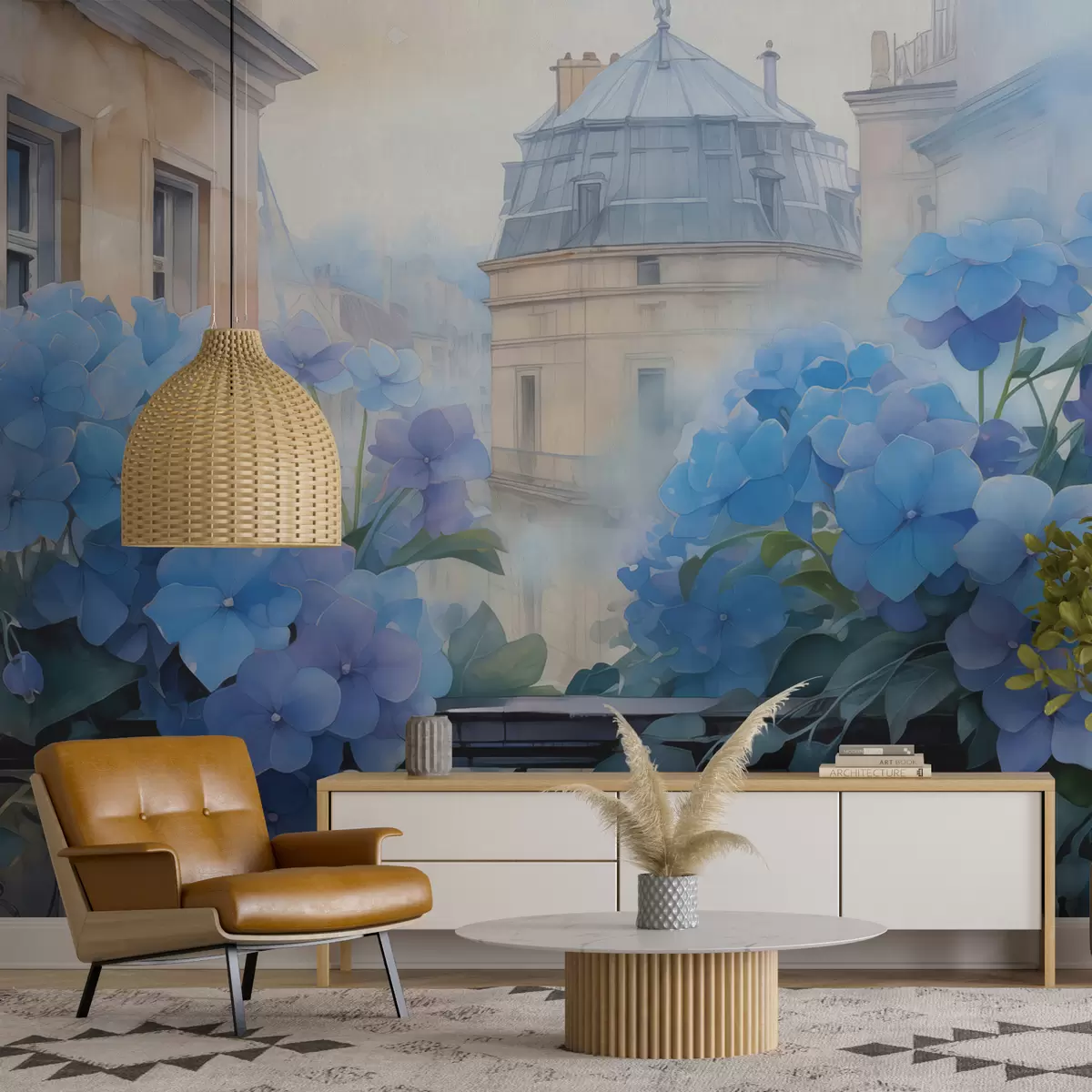 fototapet Albastru hortensie înflorit pe balcon cu vedere la clădiri acuarelă w01439