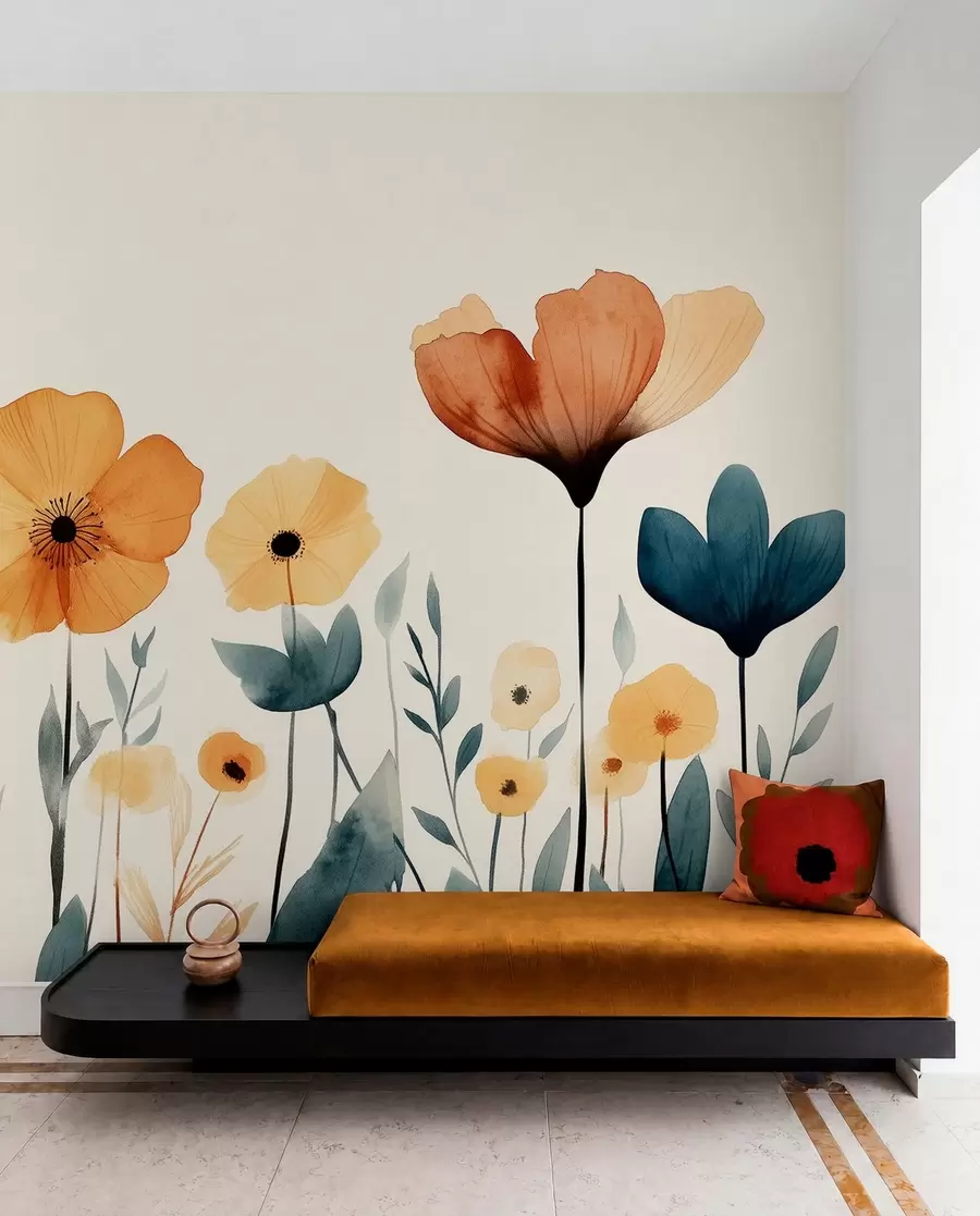 fototapet Acuarelă flori de pajiște, rustic, compoziție florală, desen simplu, bej, portocaliu, albastru w01453