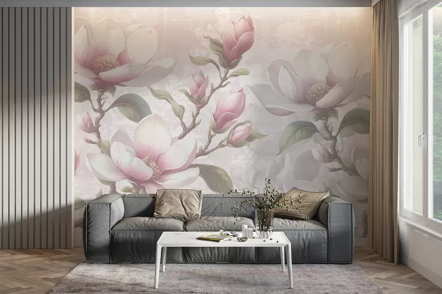 fototapet Delicate flori roz magnolia în plină floare pe un fundal blând, neclar w08216