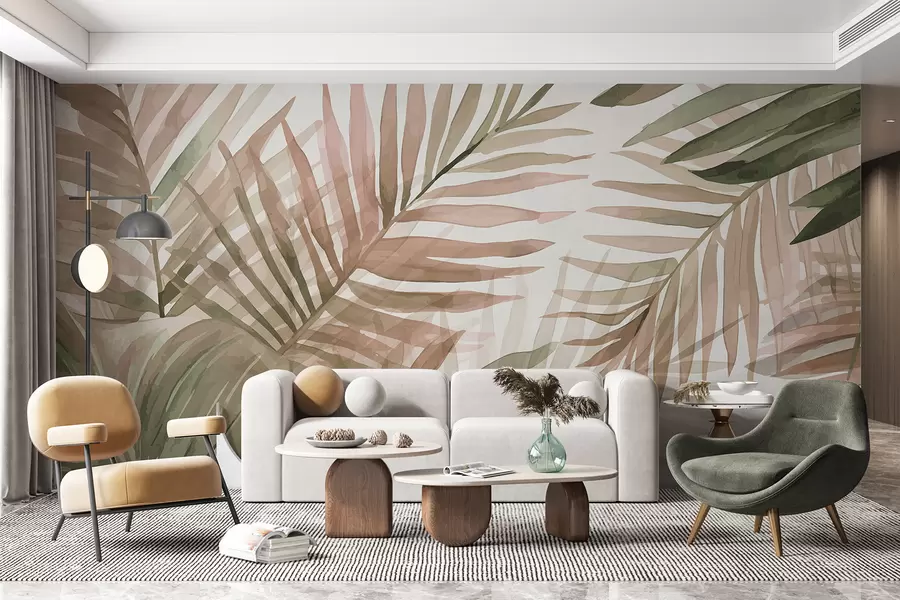 fototapet Palm frunze de acuarelă în diferite nuanțe de verde și roz pe un fundal deschis w08218