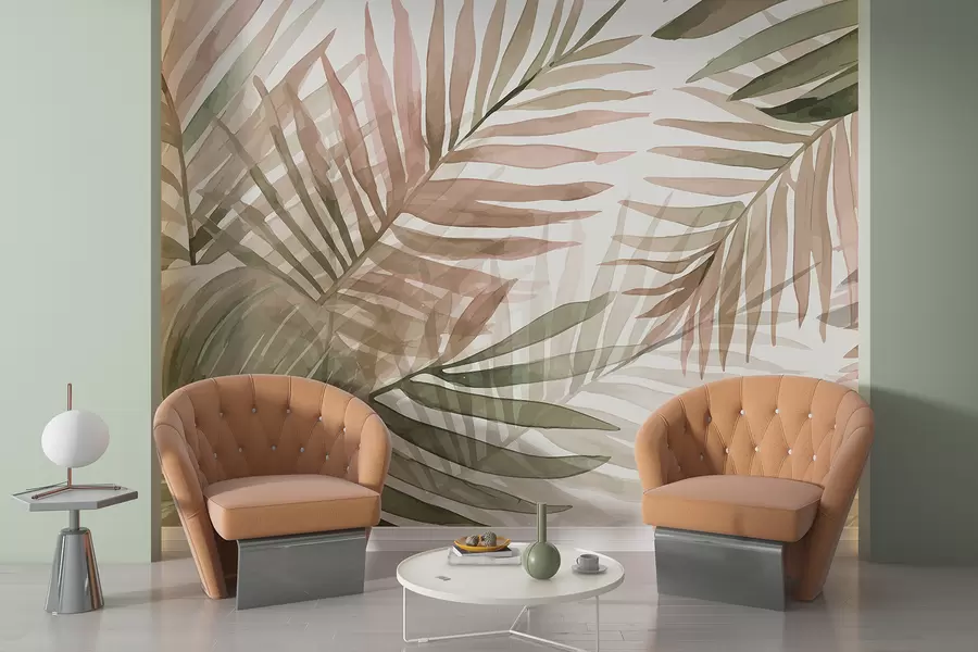 fototapet Palm frunze de acuarelă în diferite nuanțe de verde și roz pe un fundal deschis w08218