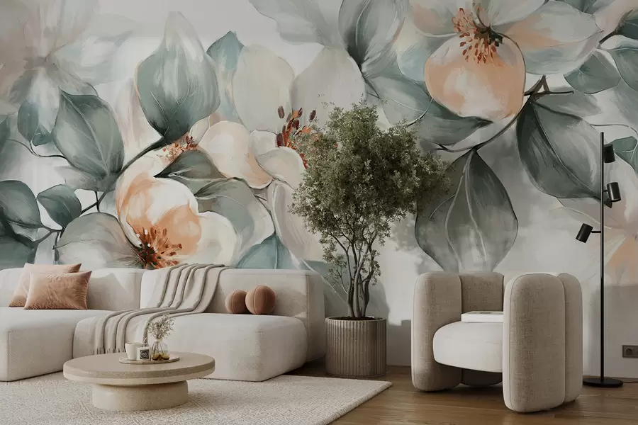 fototapet Flori delicate de magnolie albe și roz cu frunze verzi pe un fundal deschis w08220