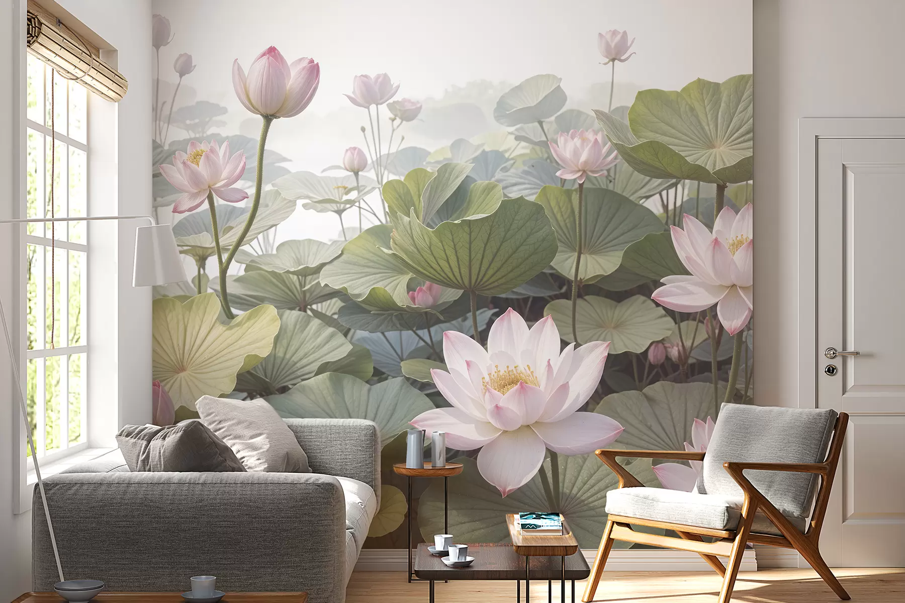 fototapet Flori de lotus roz și albe cu frunze verzi mari, înconjurate de un fundal cețos, atmosferic w08221