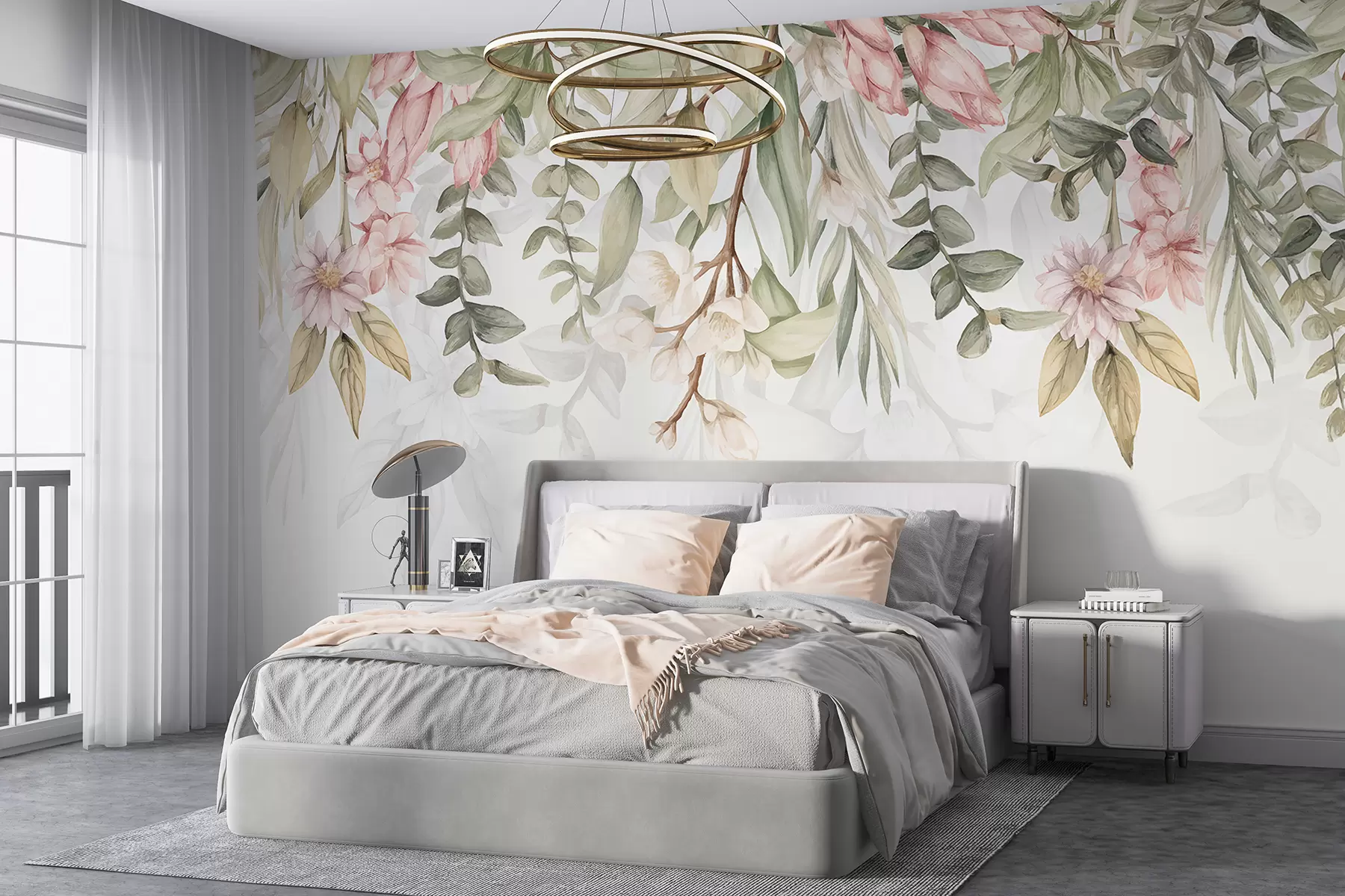 fototapet Flori delicate roz și albe cu frunze și tulpini verzi pe un fundal deschis w08222