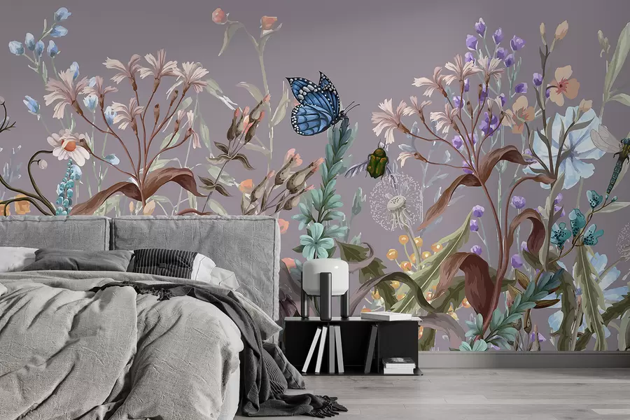 fototapet O ilustrație violetă colorată a unei scene luxuriante de grădină cu flori și insecte într-un stil oniric, fantastic w08234v1