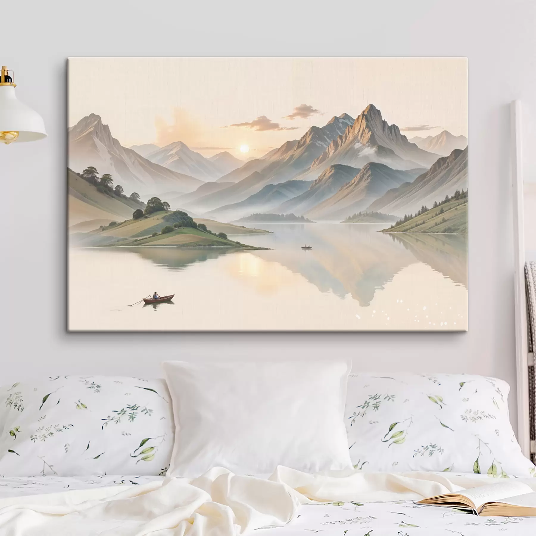 fototapet Un peisaj senin cu un lac care reflectă munții în fundal cu o barcă mică pe apa calmă s40391