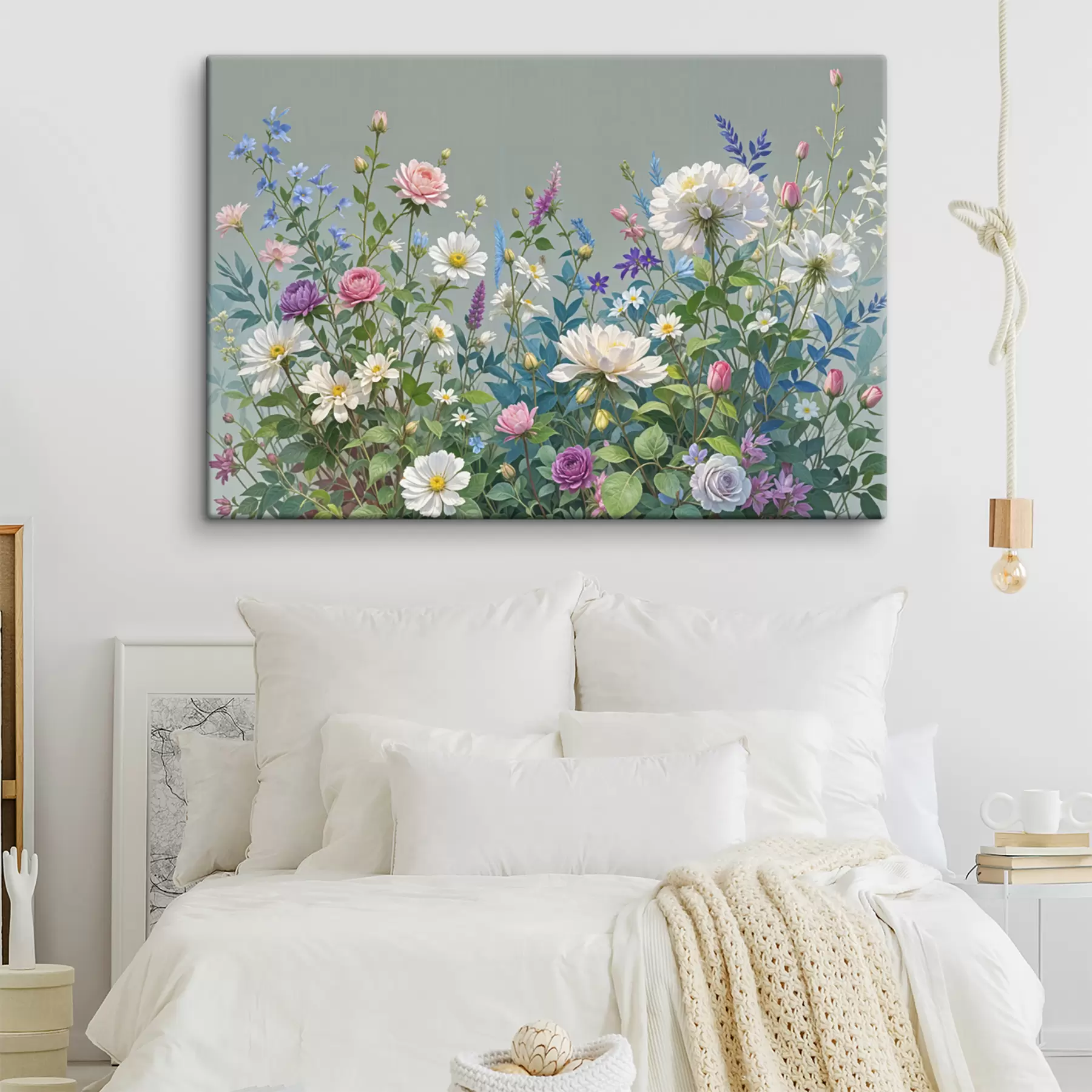 fototapet O grădină luxuriantă și vibrantă, plină cu o varietate de flori colorate și plante înflorite pe un fundal gri s40393