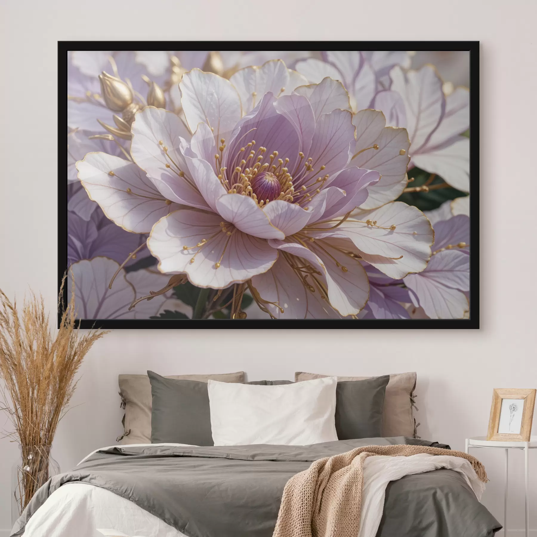 fototapet Un prim-plan al unei flori mari de bujor roz pal, cu petale delicate și un centru galben strălucitor f40384