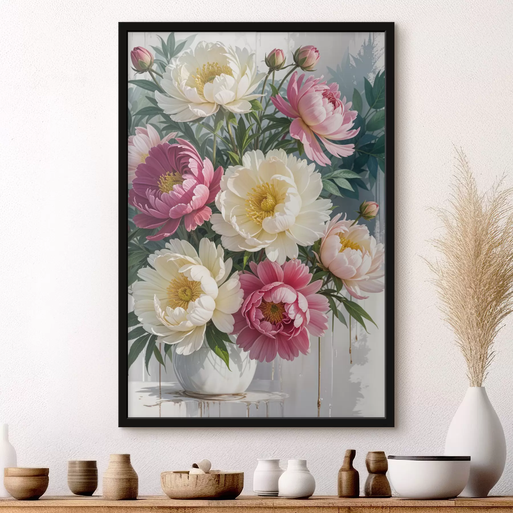 fototapet Un buchet de flori vibrante de bujor în diferite nuanțe de roz, alb și galben, cu stropi de vopsea f40403