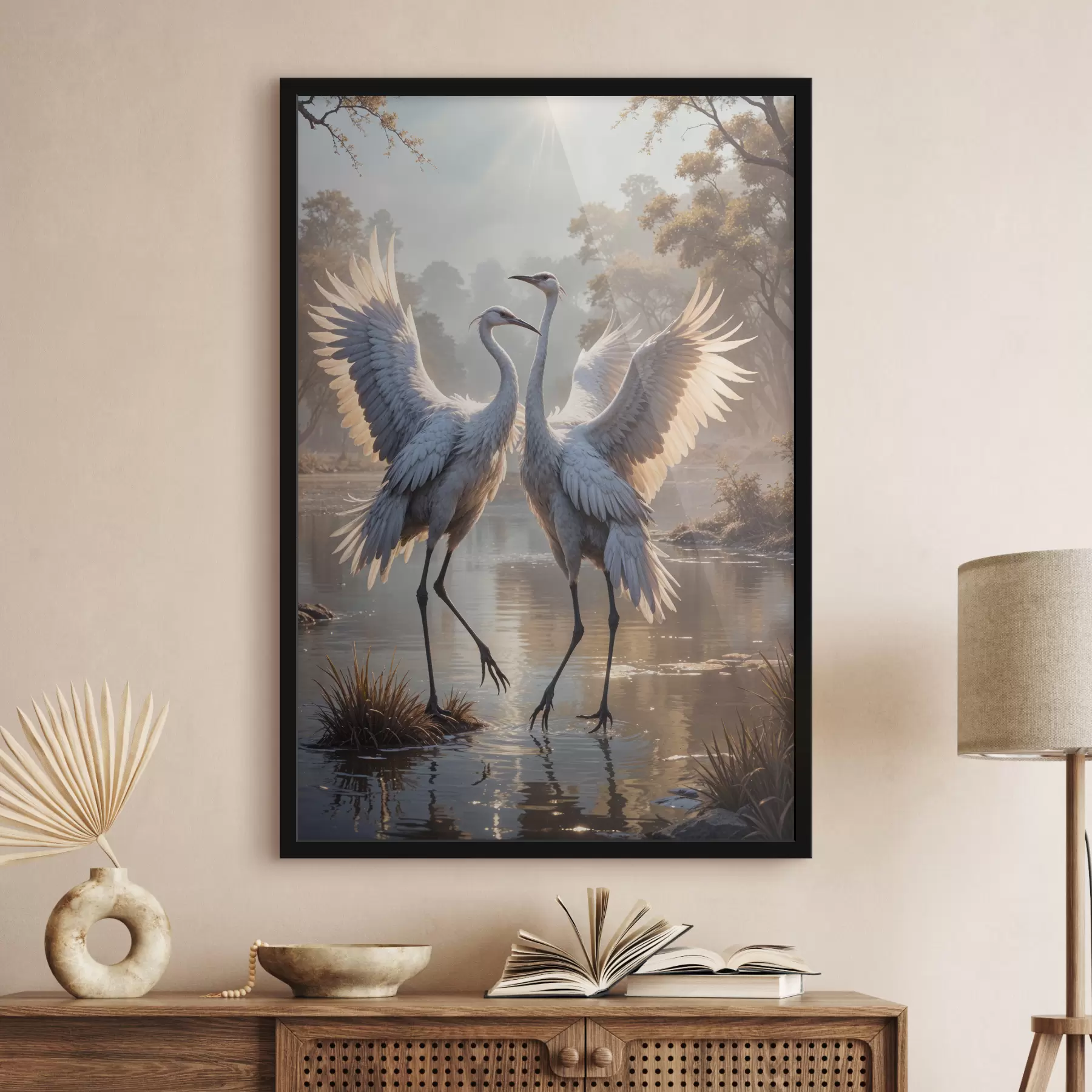 Tablouri Două macarale mari, gri, cu gât lung și aripi întinse, stând în picioare într-un lac încețoșat înconjurat de copaci f40404