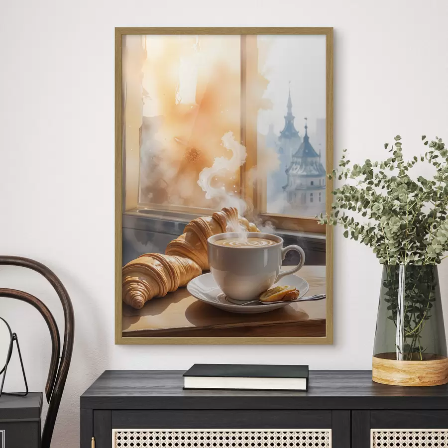 fototapet O ceașcă de cafea caldă cu abur care se ridică, așezată pe o masă lângă un croissant, cu vedere la o clădire istorică f40405