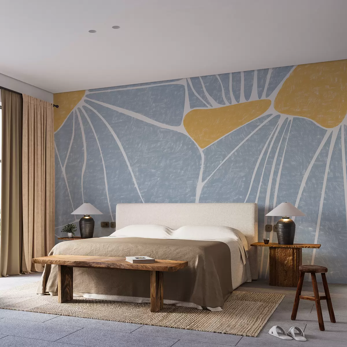 fototapet Design floral abstract, galben și albastru, texturat w01007