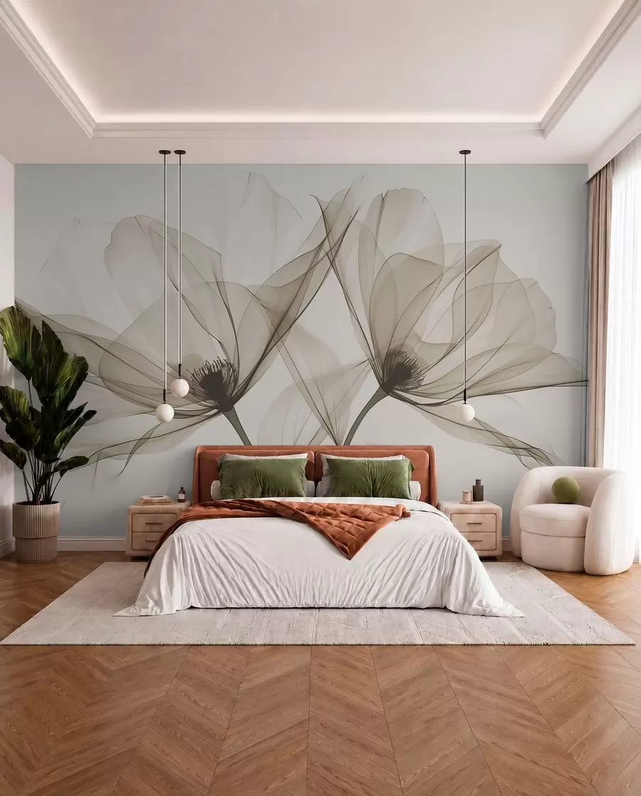 fototapet Floare albastră transparentă în stil cu raze X pe fundal alb Design botanic monocrom minimalist w01482v1