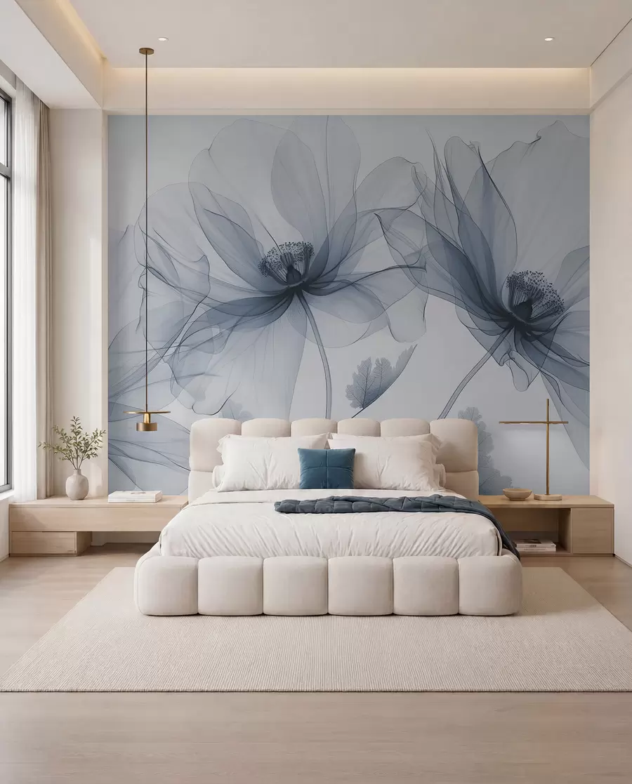 fototapet Floare albastră transparentă în stil cu raze X pe fundal alb Design botanic monocrom minimalist w01482v1