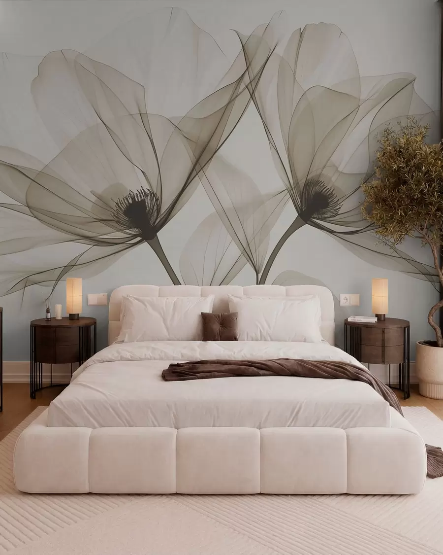 fototapet Floare albastră transparentă în stil cu raze X pe fundal alb Design botanic monocrom minimalist w01482v1