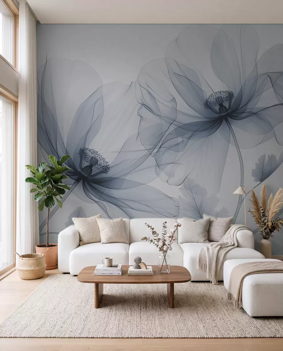 fototapet Floare albastră transparentă în stil cu raze X pe fundal alb Design botanic monocrom minimalist w01482v1