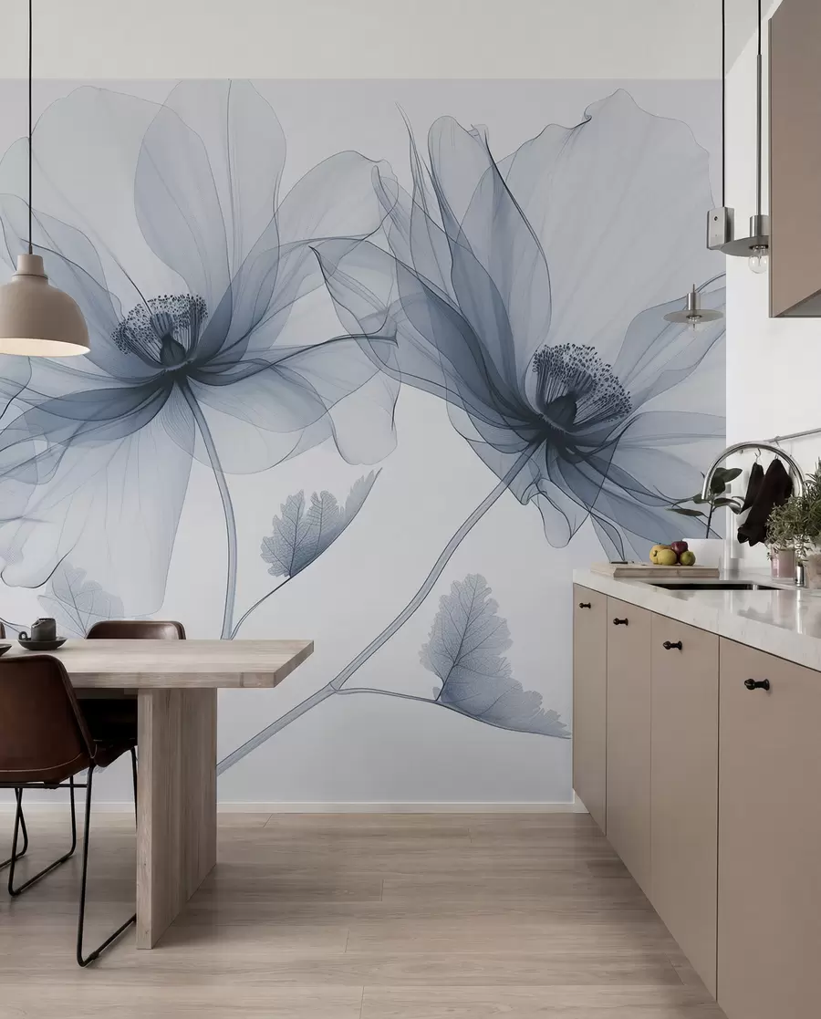 fototapet Floare albastră transparentă în stil cu raze X pe fundal alb Design botanic monocrom minimalist w01482v1