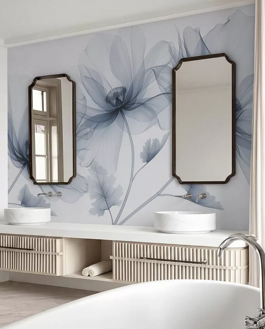 fototapet Floare albastră transparentă în stil cu raze X pe fundal alb Design botanic monocrom minimalist w01482v1