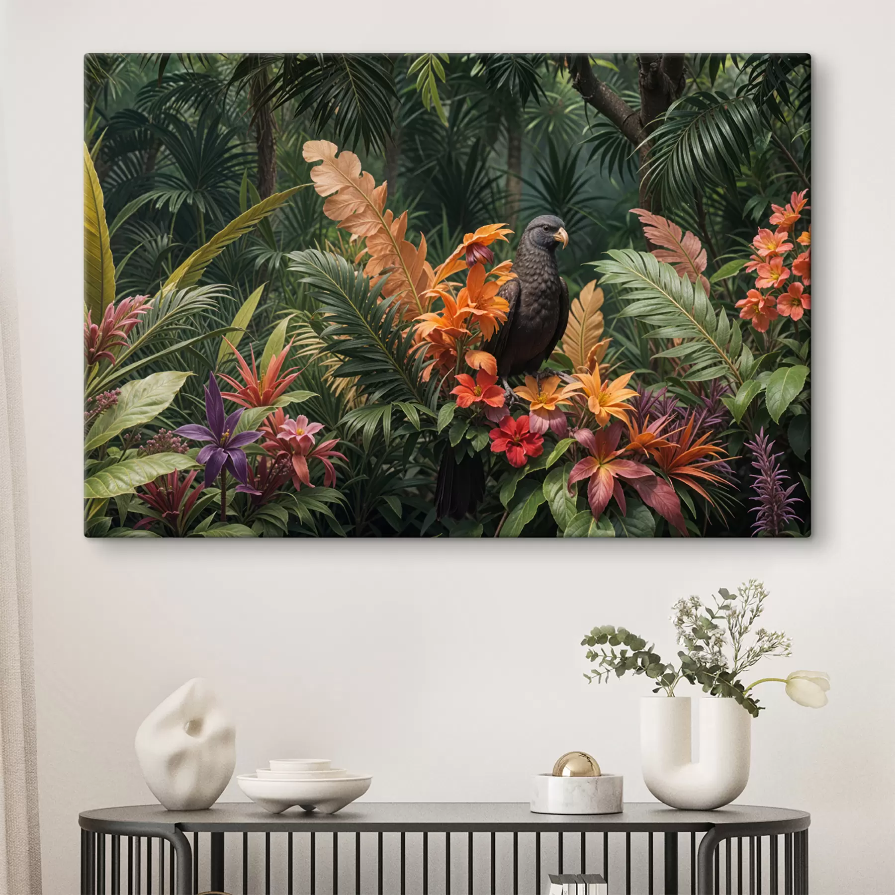 Tablouri Pasăre tropicală cocoțată pe o creangă înconjurată de frunziș vibrant, frunze de palmier, flori și plante exotice s40578