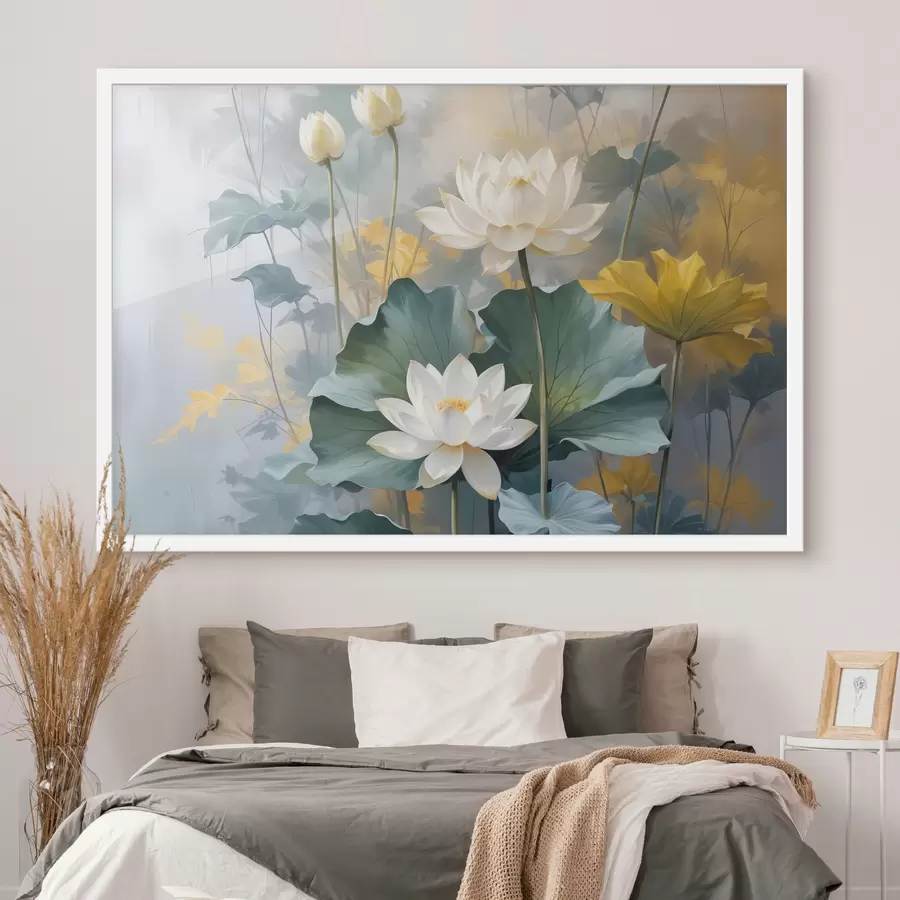 fototapet Flori albe de lotus într-un iaz cu crin verzi, înconjurate de flori galbene și un fundal neclar f40559