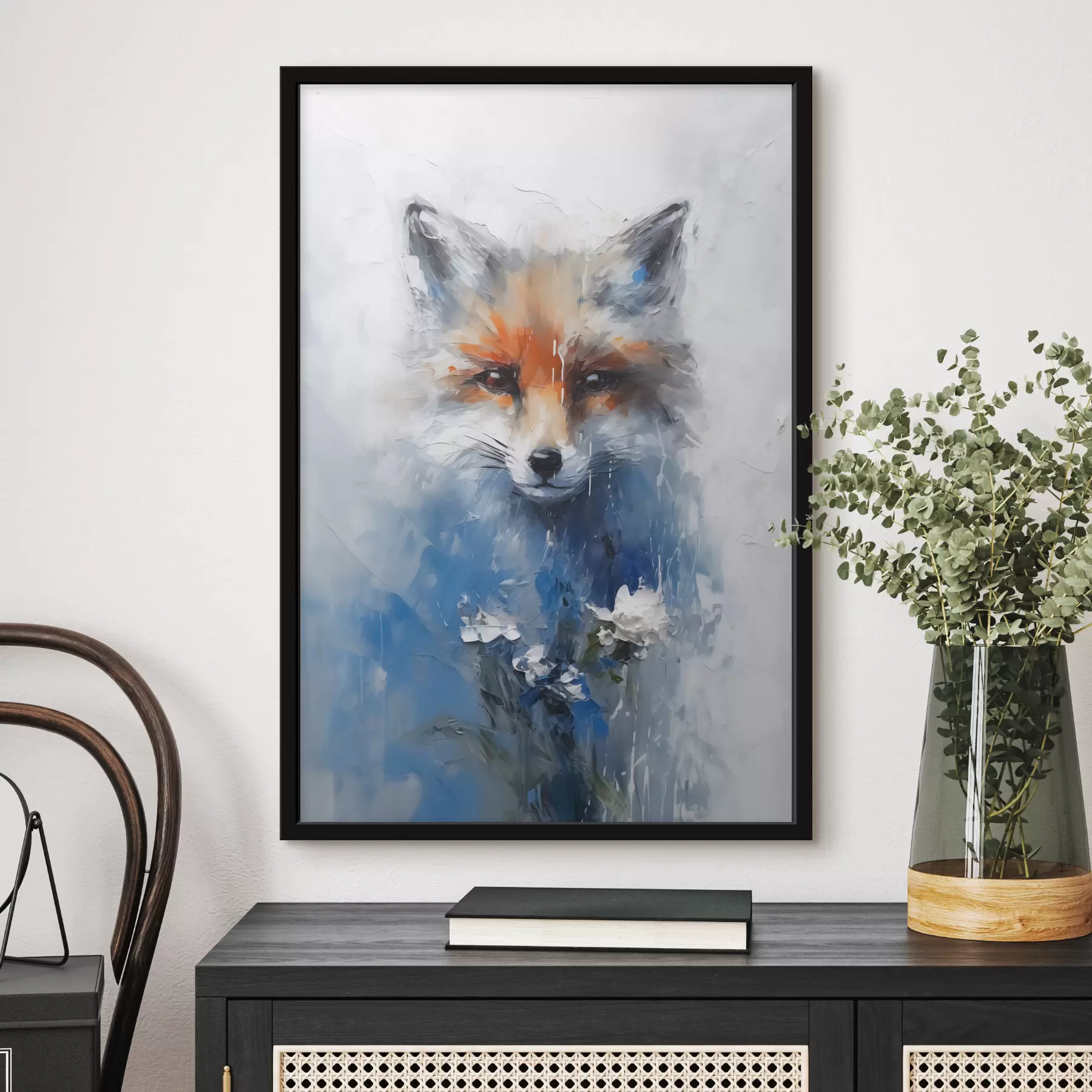 fototapet Portret abstract al unei vulpi în pete de vopsea albastră f40524