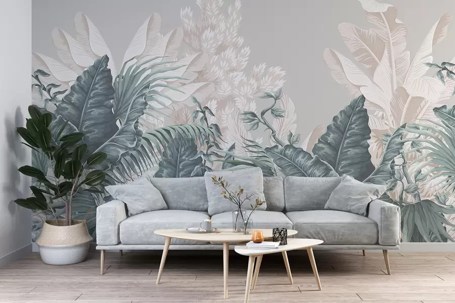 fototapet O scenă de junglă tropicală cu frunze mari și flori verzi în prim plan, creând o atmosferă luxuriantă w08242